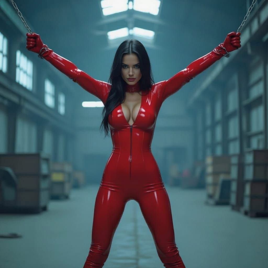 Female Spy Captured in Red Latex in Industrial Warehouse
