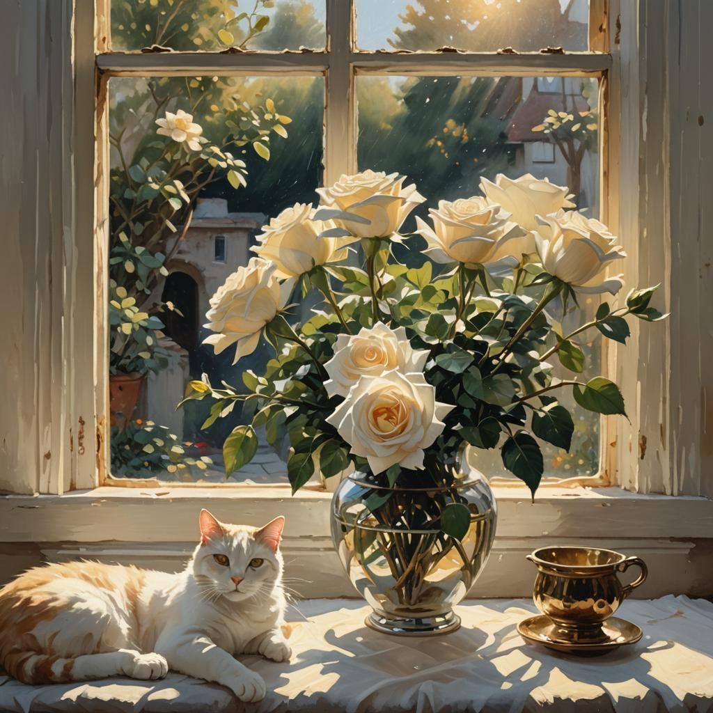 Gouache Painting of Roses, Cat, and Sunlight