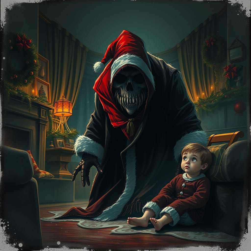 Foreboding Figure in Crimson Santa's Coat Creeps Through a D...