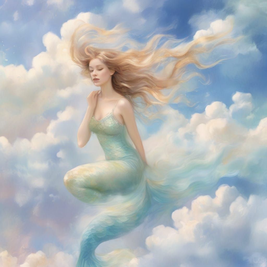 Ethereal Mermaid in Clouds: Soft Watercolor Fantasy Art