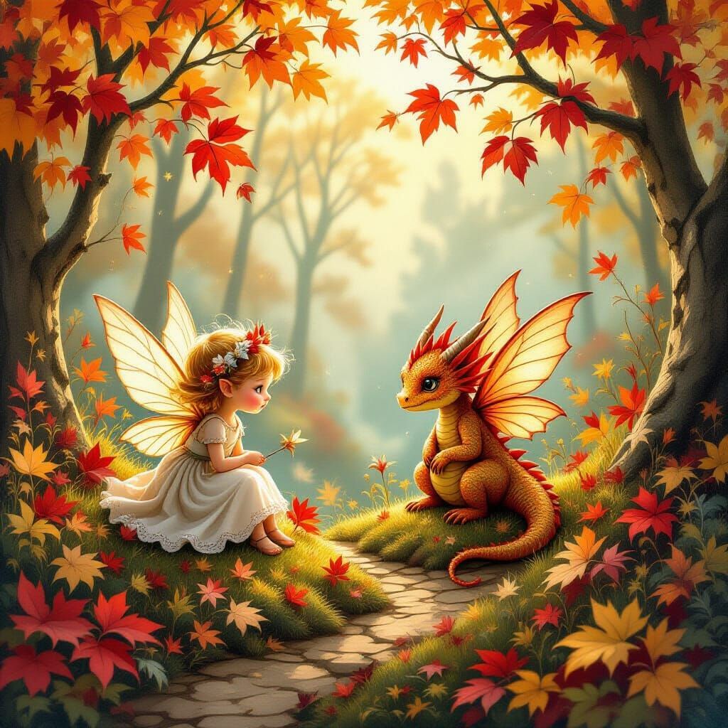 Whimsical Fairies and Baby Dragons in Autumn Scenes