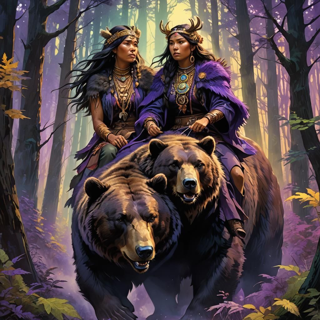 Native American Woman on Bear in Forest, Art Nouveau Style