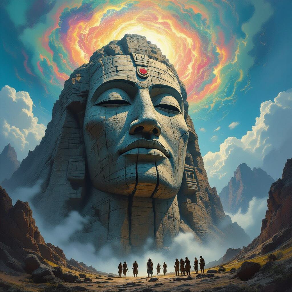 Ancient Mountain Face Ritual: Primitive Art and Dark Fantasy