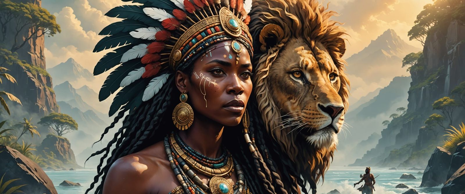 Tribespeople Framed by Ethereal Fog Lion in Desert Sunset