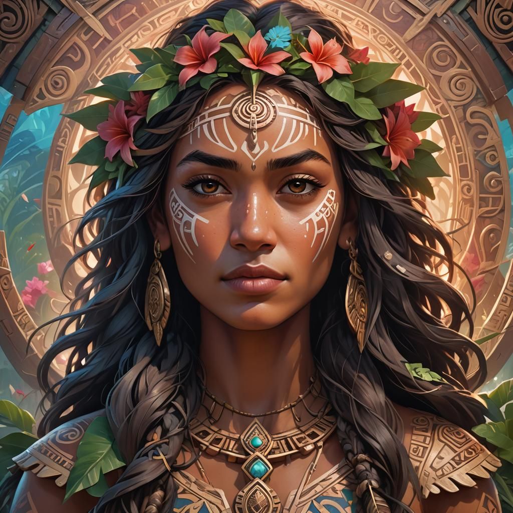 Mystic Polynesian Portrait in Art Nouveau Style