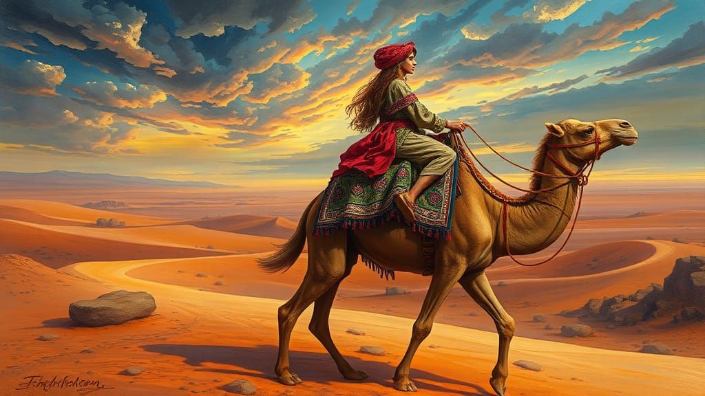 Nomadic Gypsy Trek in Surreal Desert Landscape