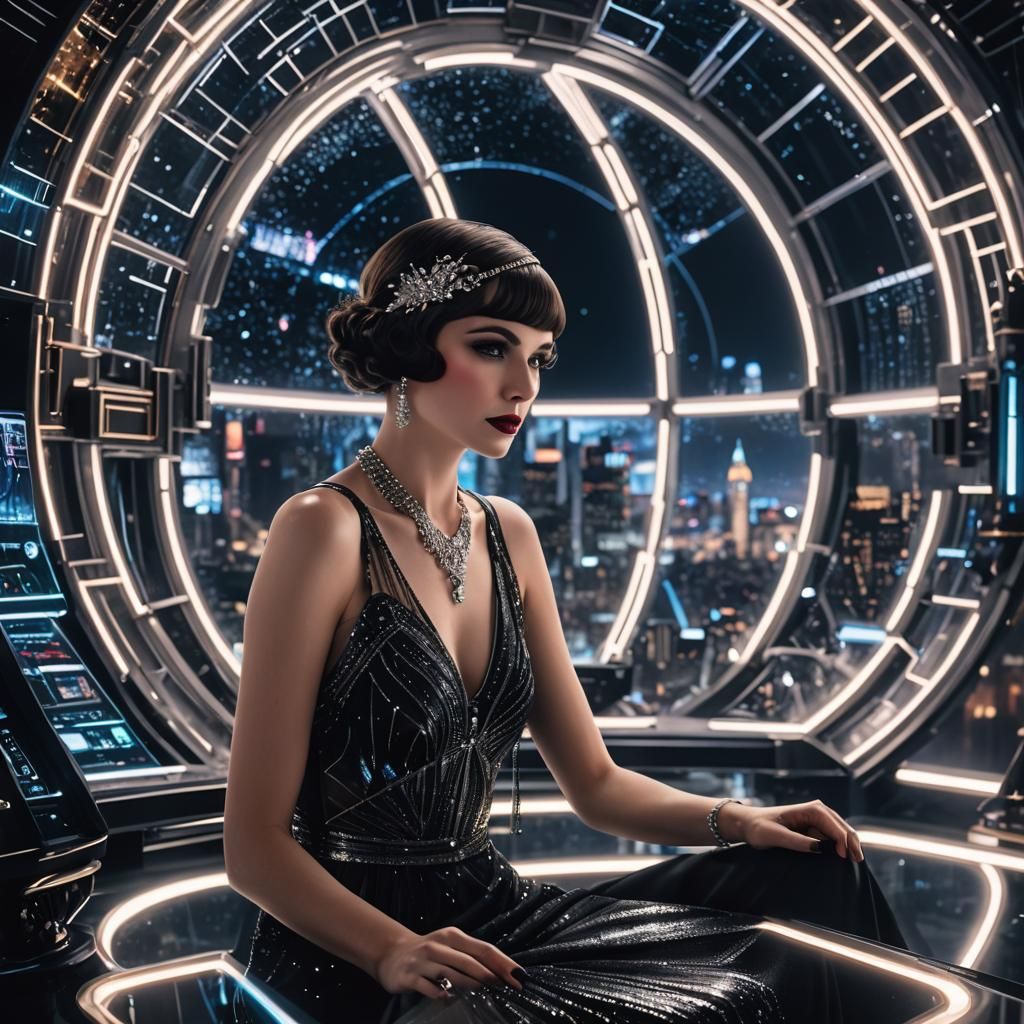 Flapper in Retro-Futuristic City, Aubrey Beardsley Style