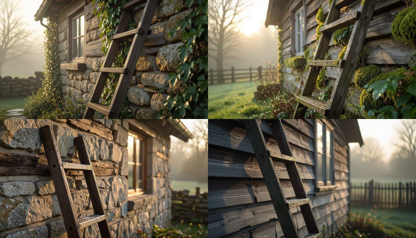 Rustic Ladder Against Cottage Wall in Soft Morning Light