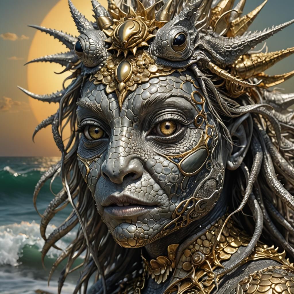 Iguana-Faced Sea Creature in Gold and Silver