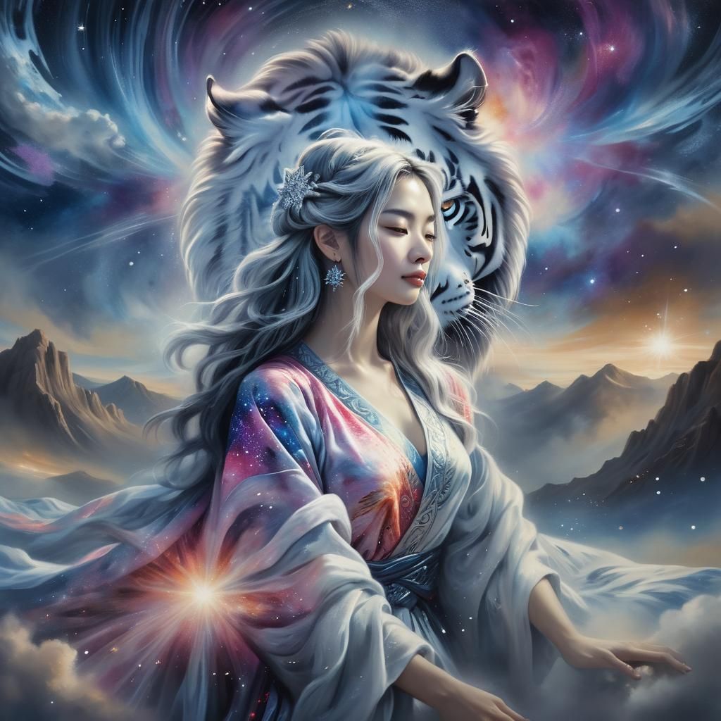 Celestial Sumi-e: Woman and Maltese Tiger in Cosmic Realm