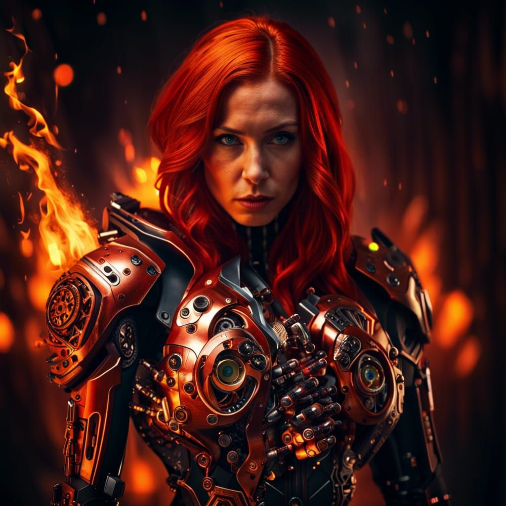 Redhead in Cybersuit with Firearm in Cyberpunk Style