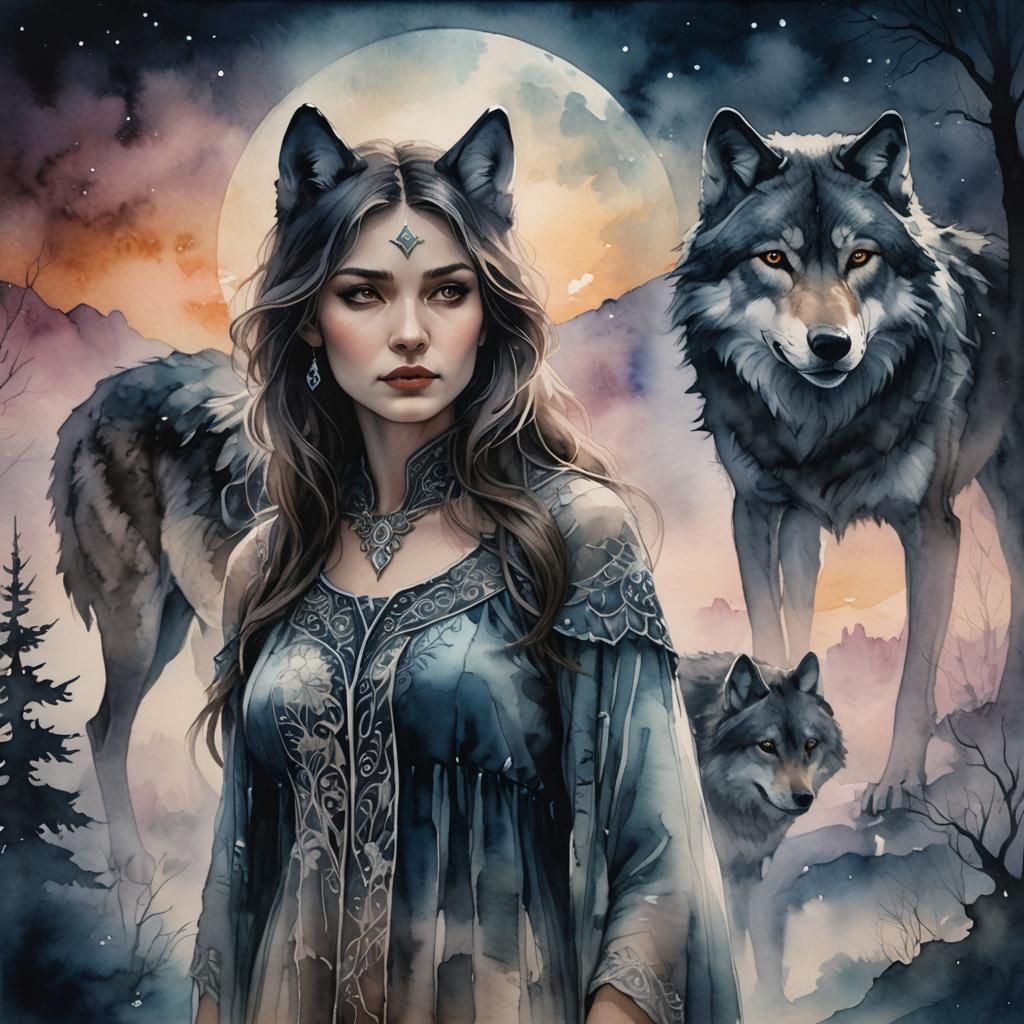 Woman and Wolf in Gloaming Sunrise, Watercolor Style
