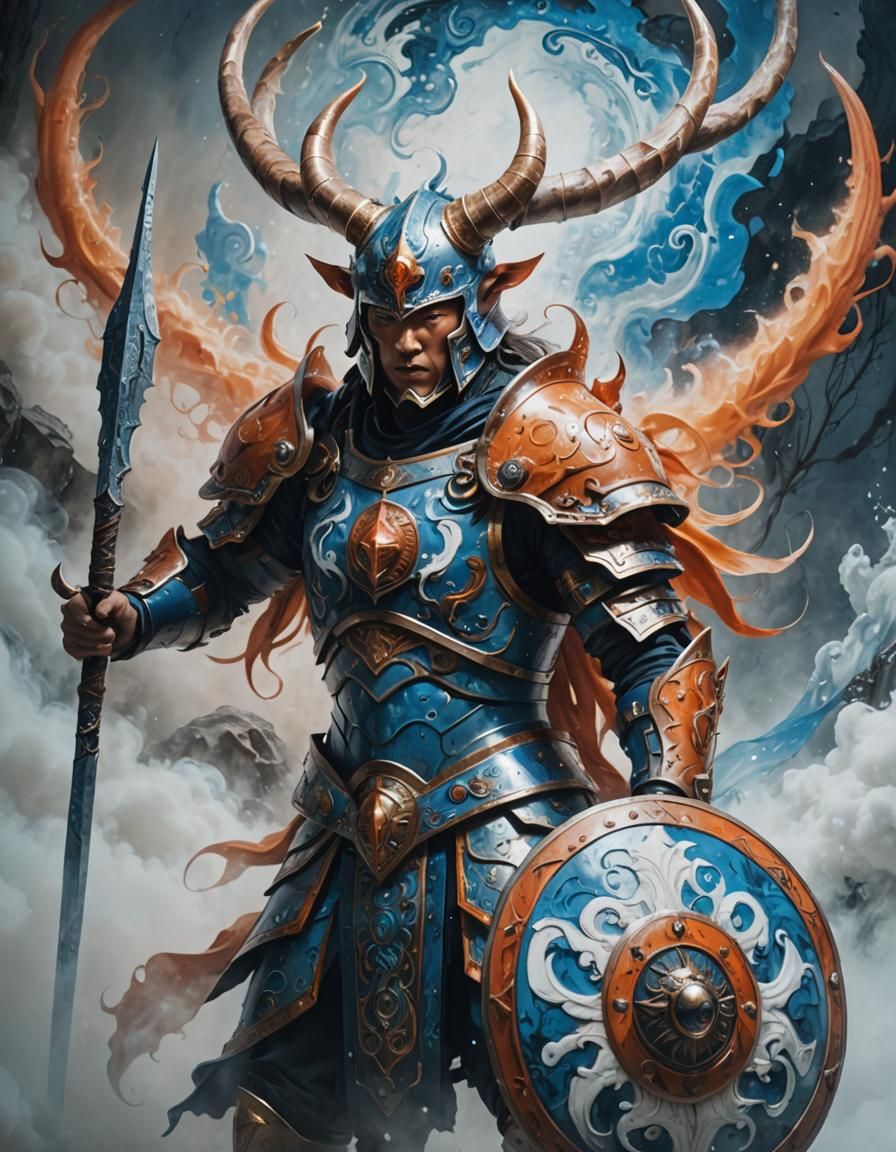 Mystical Horned Warrior in Surrealist Abstract Expressionism