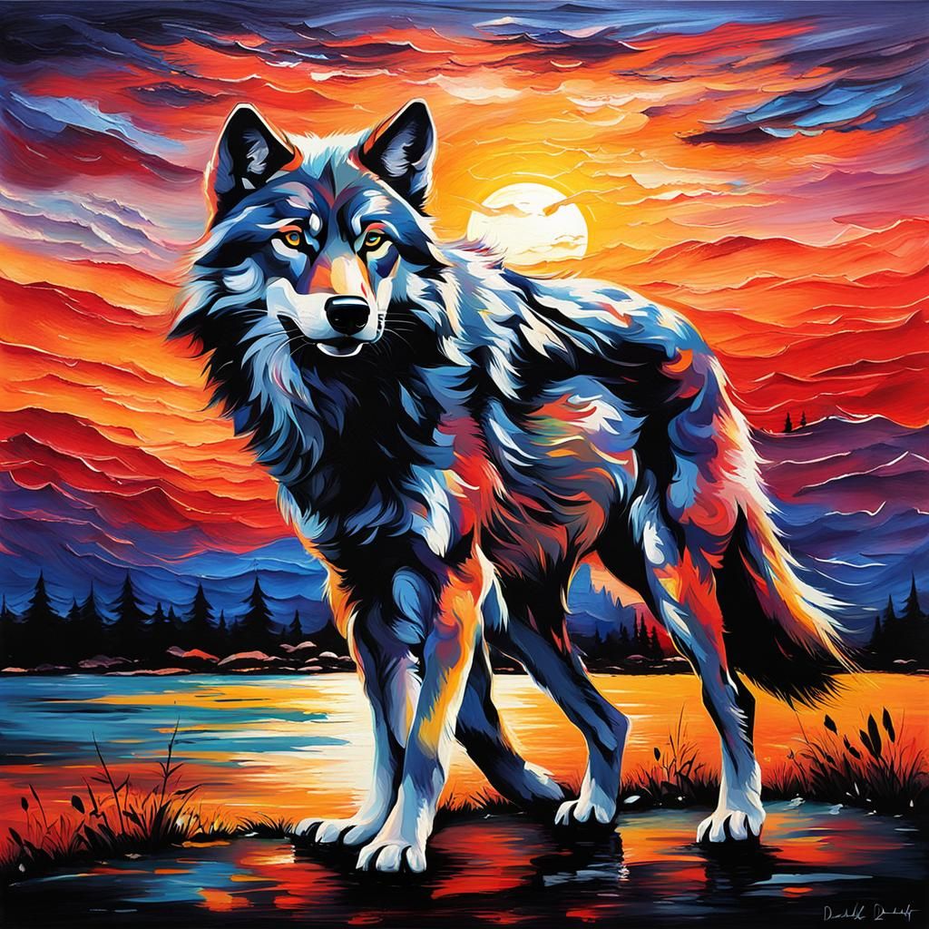 Wolf Dances at Sunset: Expressive Brushstrokes
