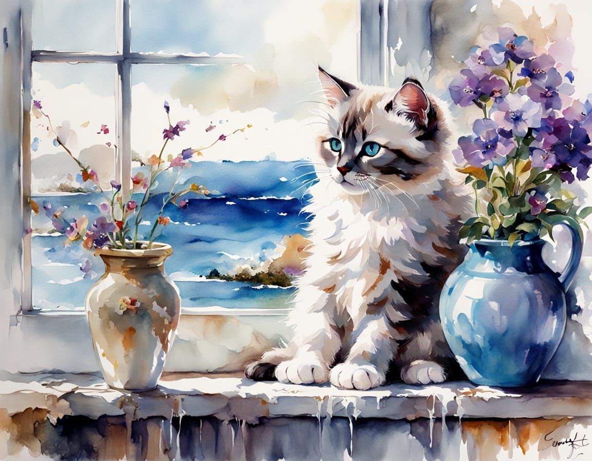 Ragdoll Kitten in Sunlight: Watercolor Beach View