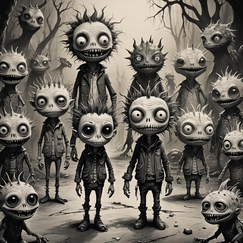 Whimsical Monsters in Tim Burton Style, Black and White