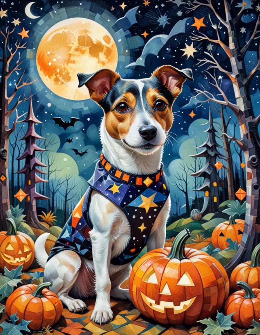 Cubist Dog in Halloween Costume Under Starry Sky