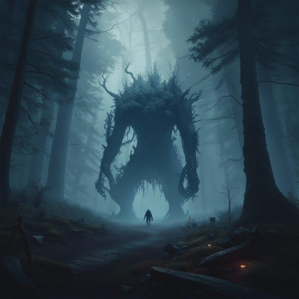 Eerie Skinwalker in Misty Forest, Dark Fantasy Art