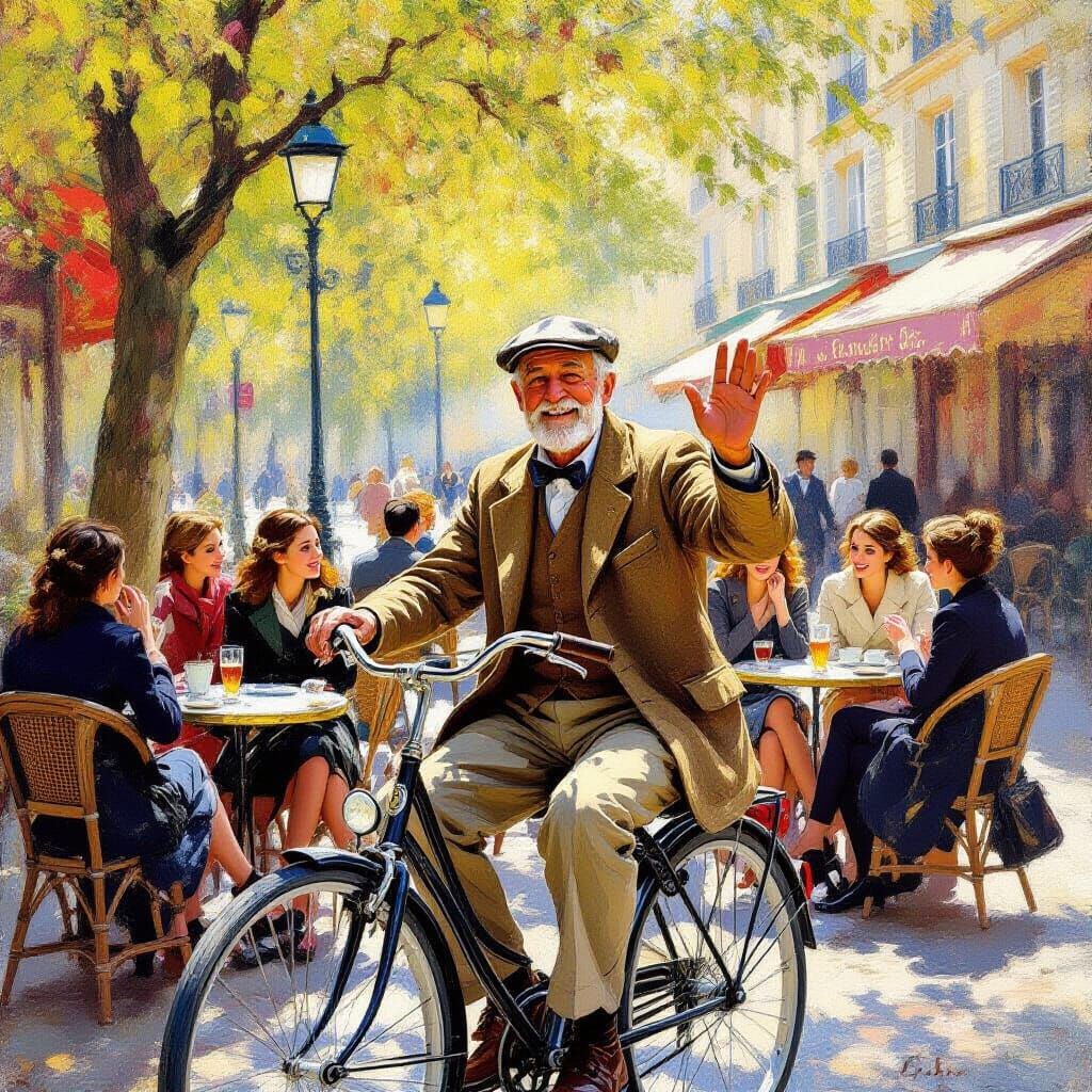 Man on Bicycle Waves at Parisian Cafe in Impressionist Style