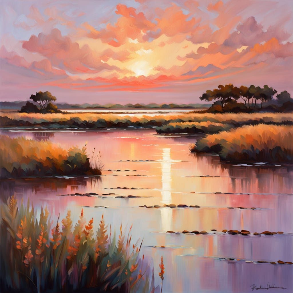 Impressionistic Salt Marsh Estuary at Sunset