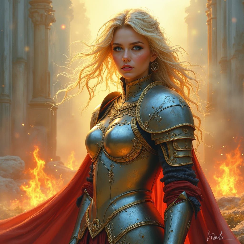 Vibrant Valkyrie in Golden Armor, Standing Heroically Amidst...