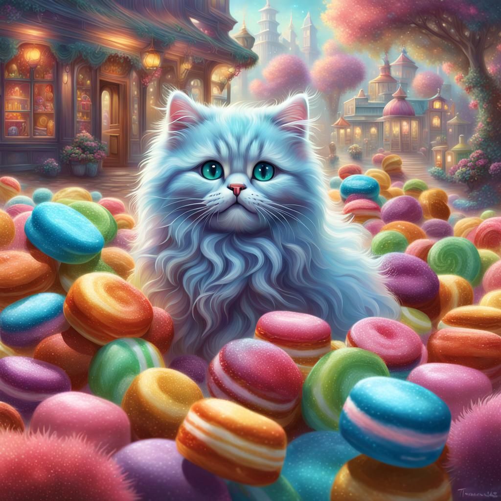 Fluffy Cat in Candyland: Hyperrealistic Digital Illustration