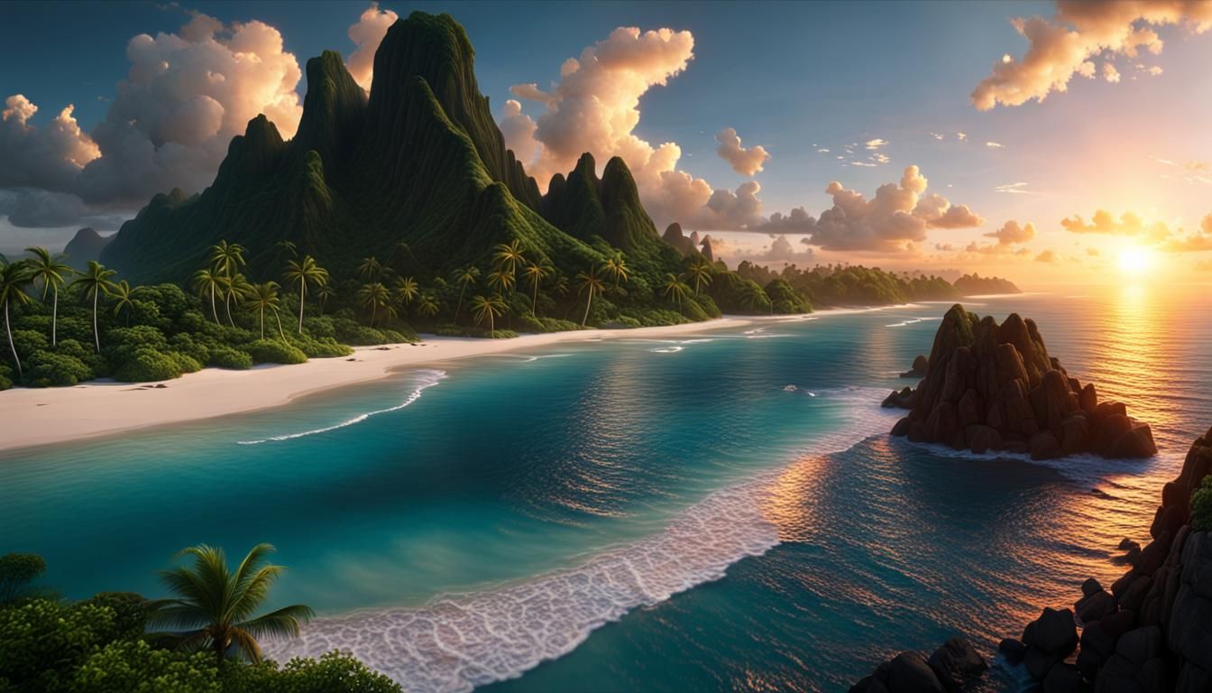 Cosmic Sunrise Over Tropical Isle: Hyperrealistic Digital Ar...