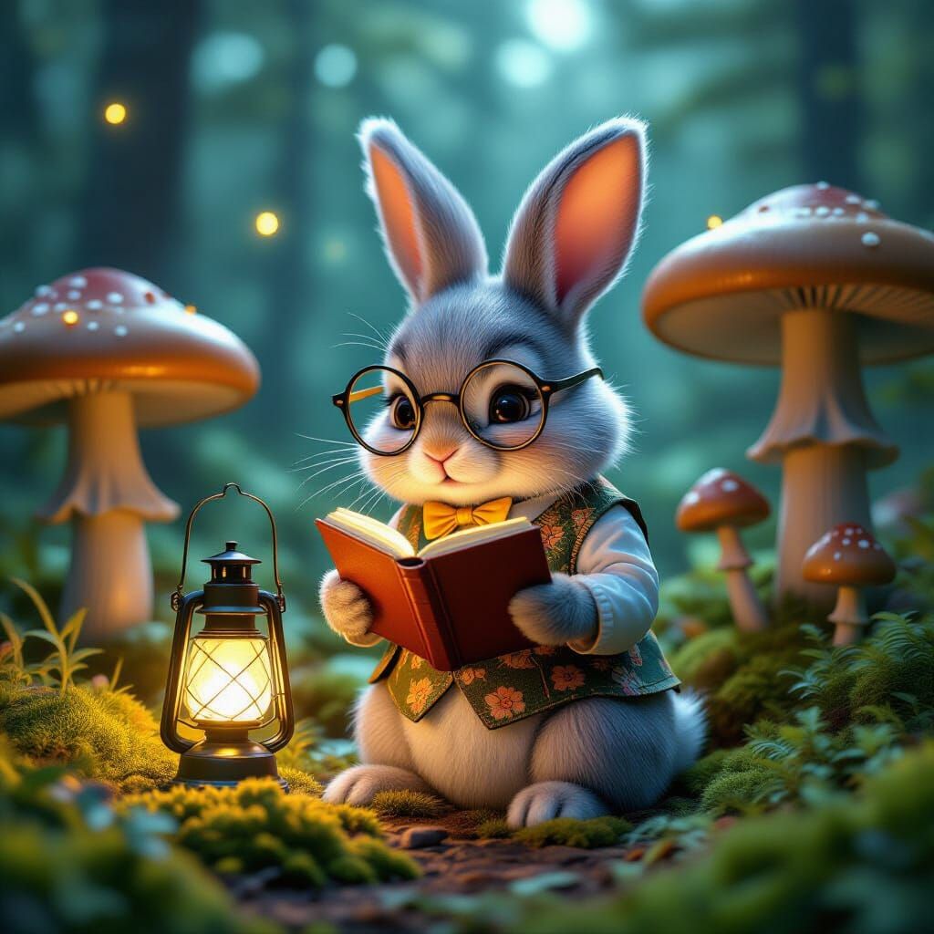 Lavender Bunny Reading Book in Mushroom Forest