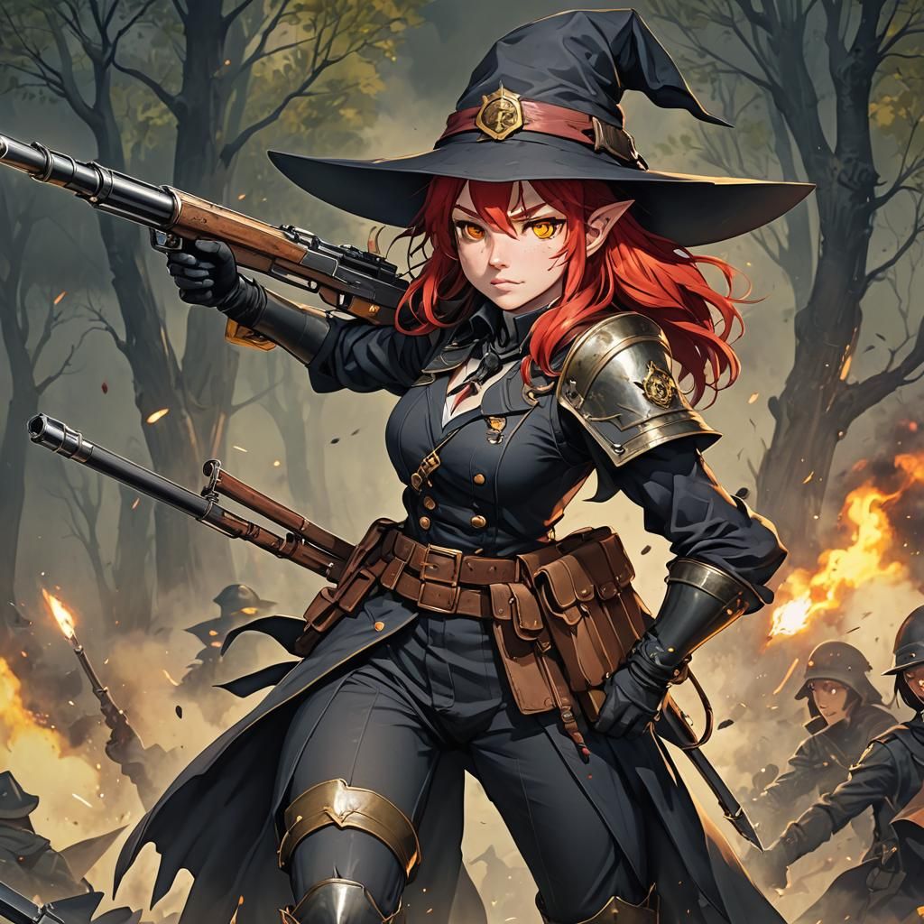 Anime Witch Soldier with Gun and Staff