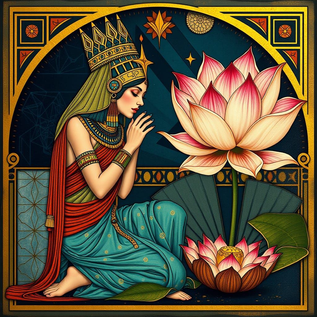 Egyptian Goddess Adores Golden Lotus in Art Deco Splendor