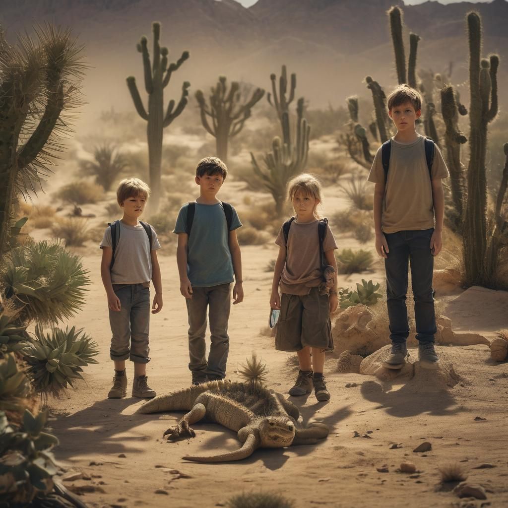 Movie poster featuring stunning sandstorm, children hiding n...