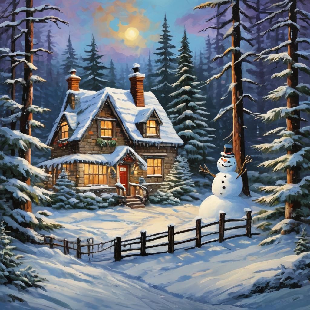 Festive Winter Cottage in Impasto Style