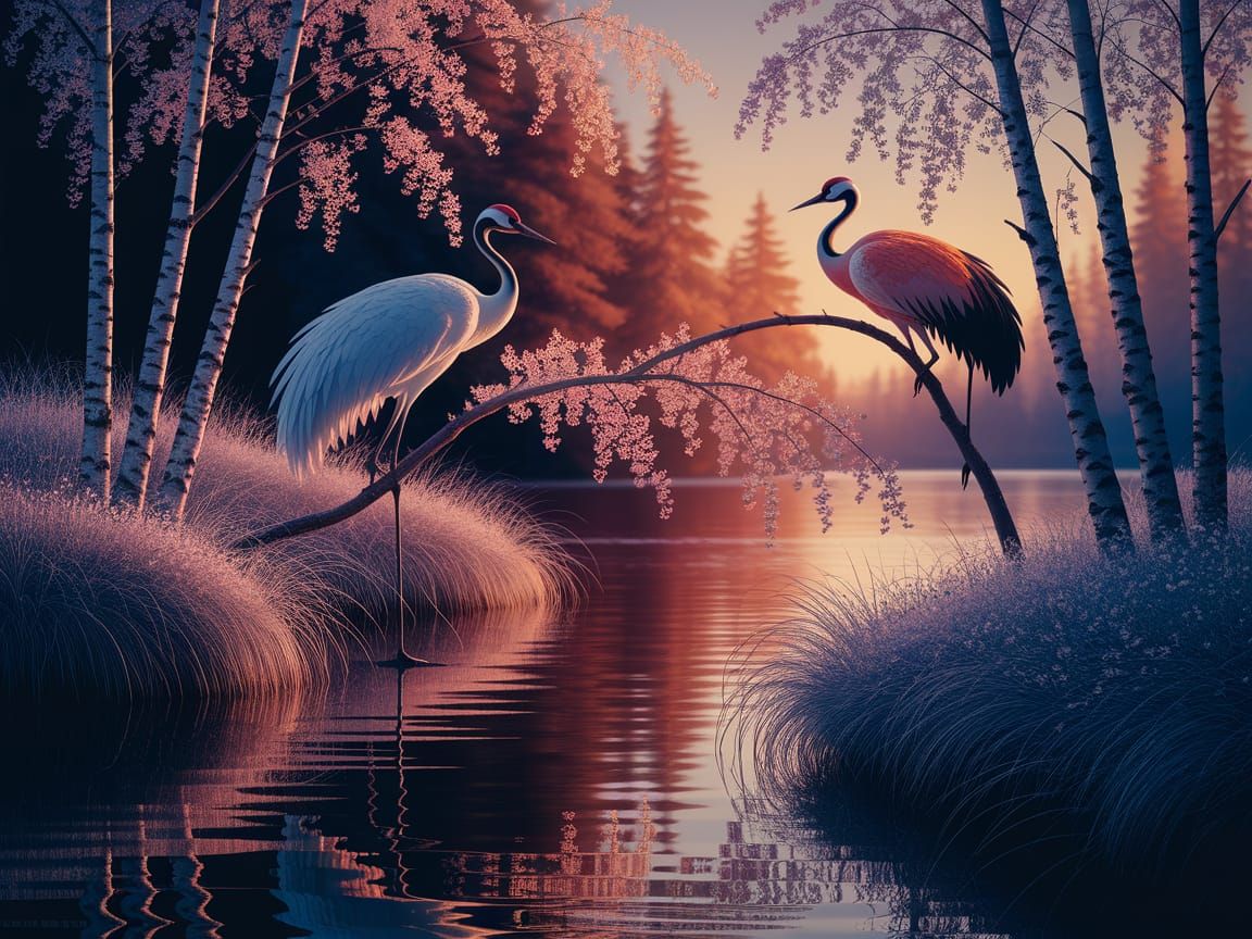 Impasto Painting of Ice and Fire Cranes on Cherry Blossom Tr...