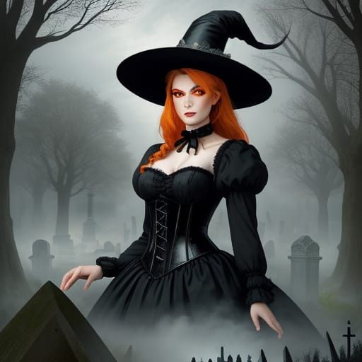 Ethereal Witch in Haunted Cemetery, Wrapped in Whispers