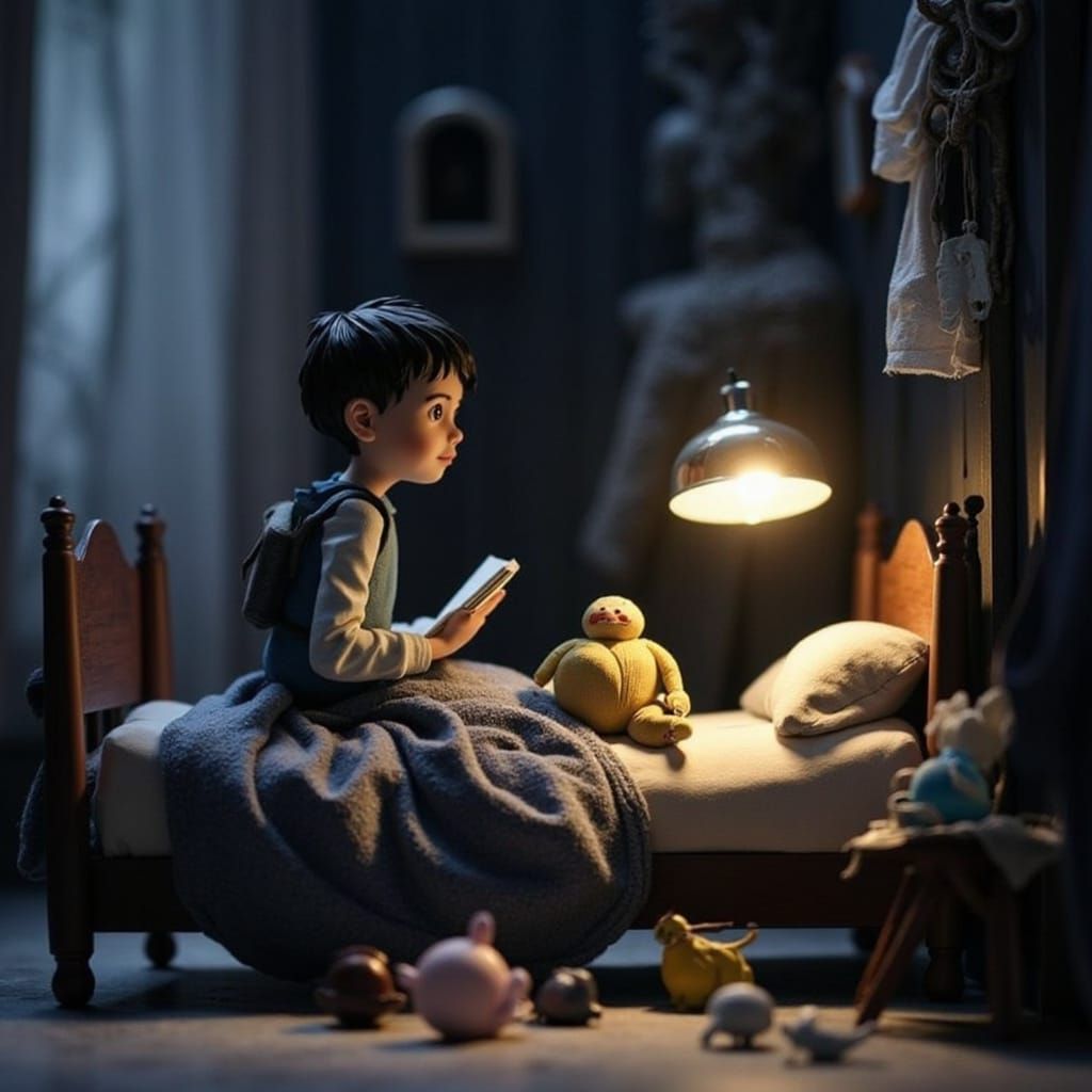 <lora:Ludicra:1.0> stop-motion animation scene in the style of Tim Burton (stop-motion Claymation:1.5) profile view of a...