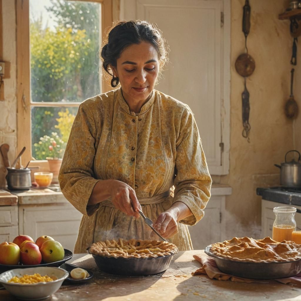 Moroccan Mother Baking Pie as Impressionist Painting