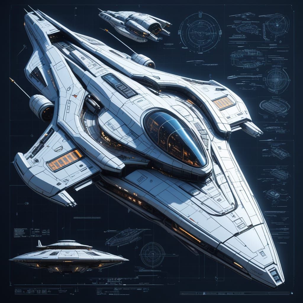 Sleek Futuristic Saucer Spaceship Blueprint in High-Tech Det...
