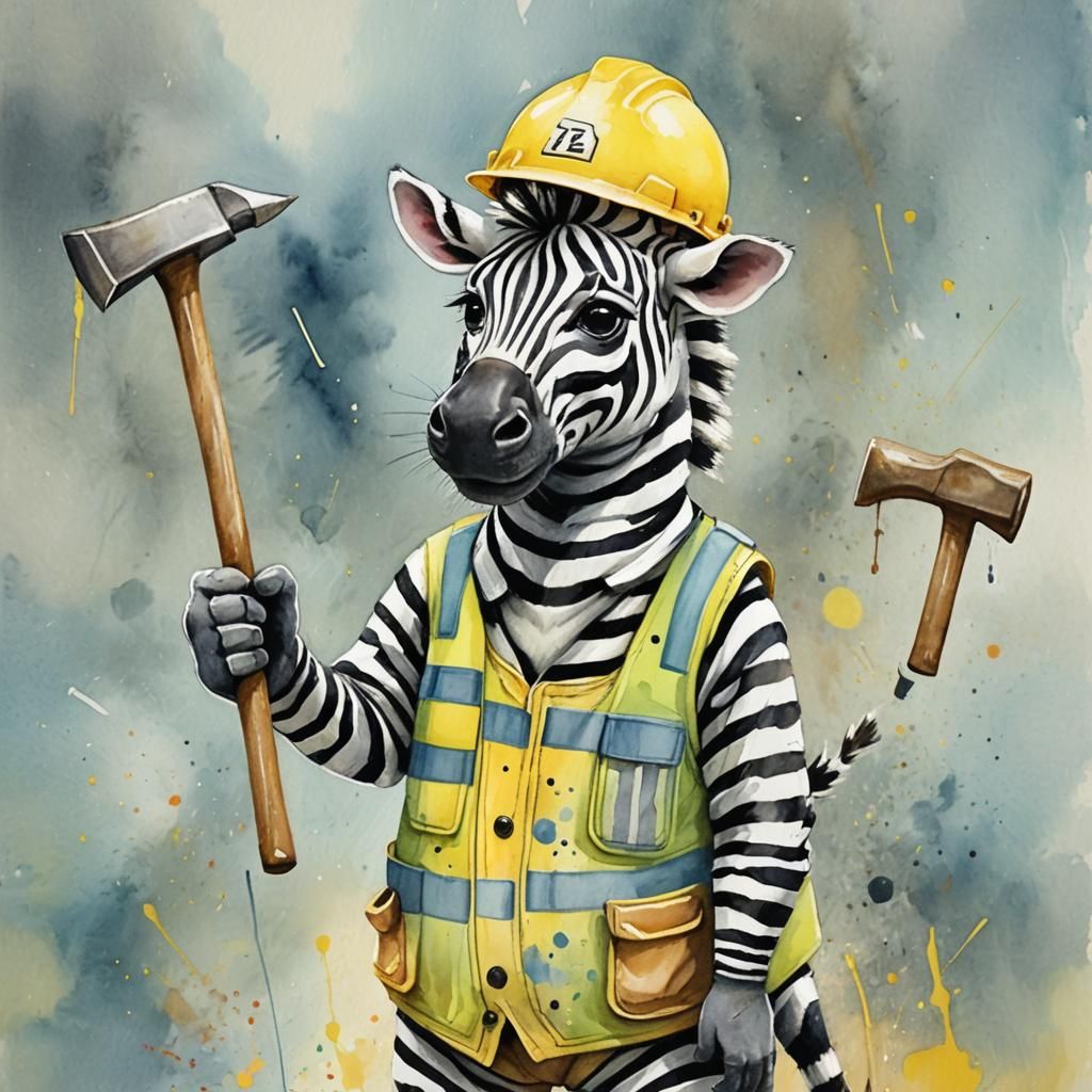 Zebra Construction Worker in Watercolor Style