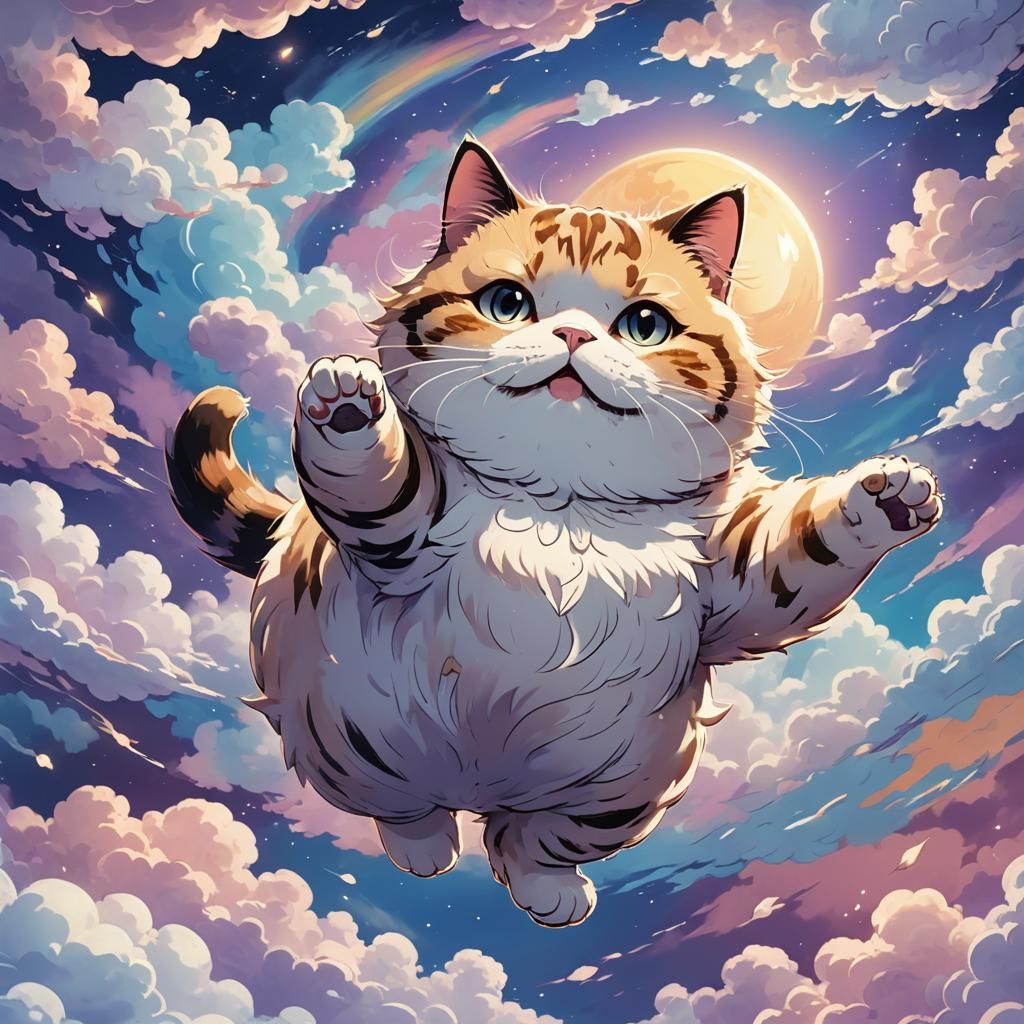 Floating Fat Cat in Whimsical Anime Style