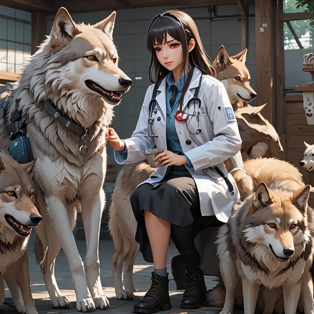 Anime Girl Veterinarian with Wolf in 3D Style