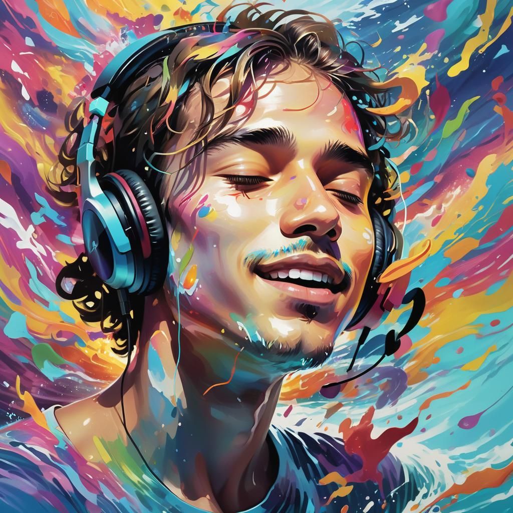 Musician Submerged in Sea of Musical Notes