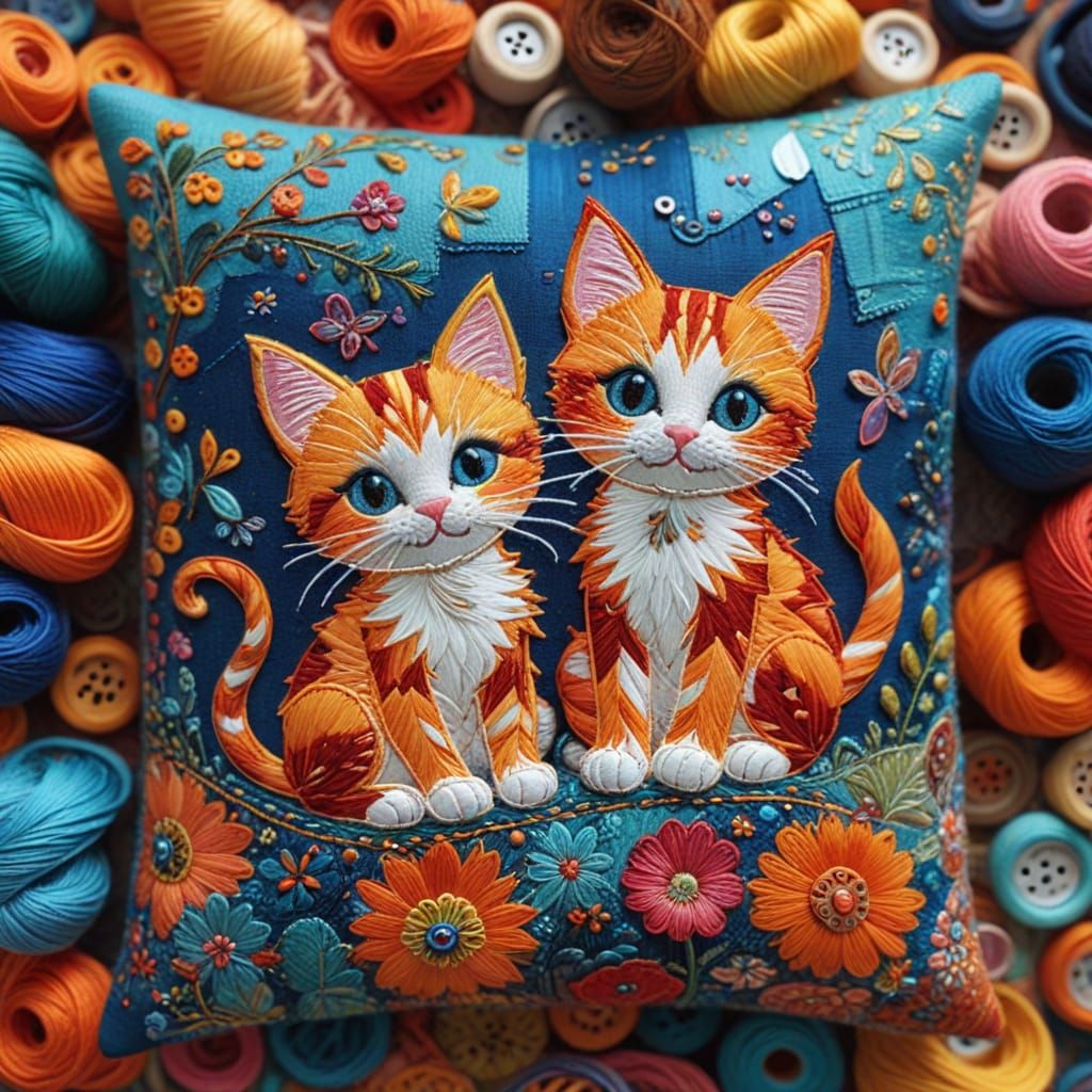 Whimsical Patchwork Art of Playful Kittens and Mouse