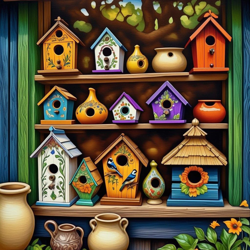 Cardinal Gazing at Birdhouses in Gouache Style