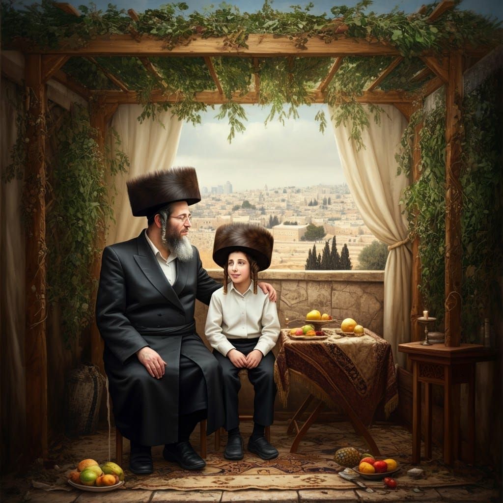 Hassidic Boy Studies with Father in Decorated Sukkah