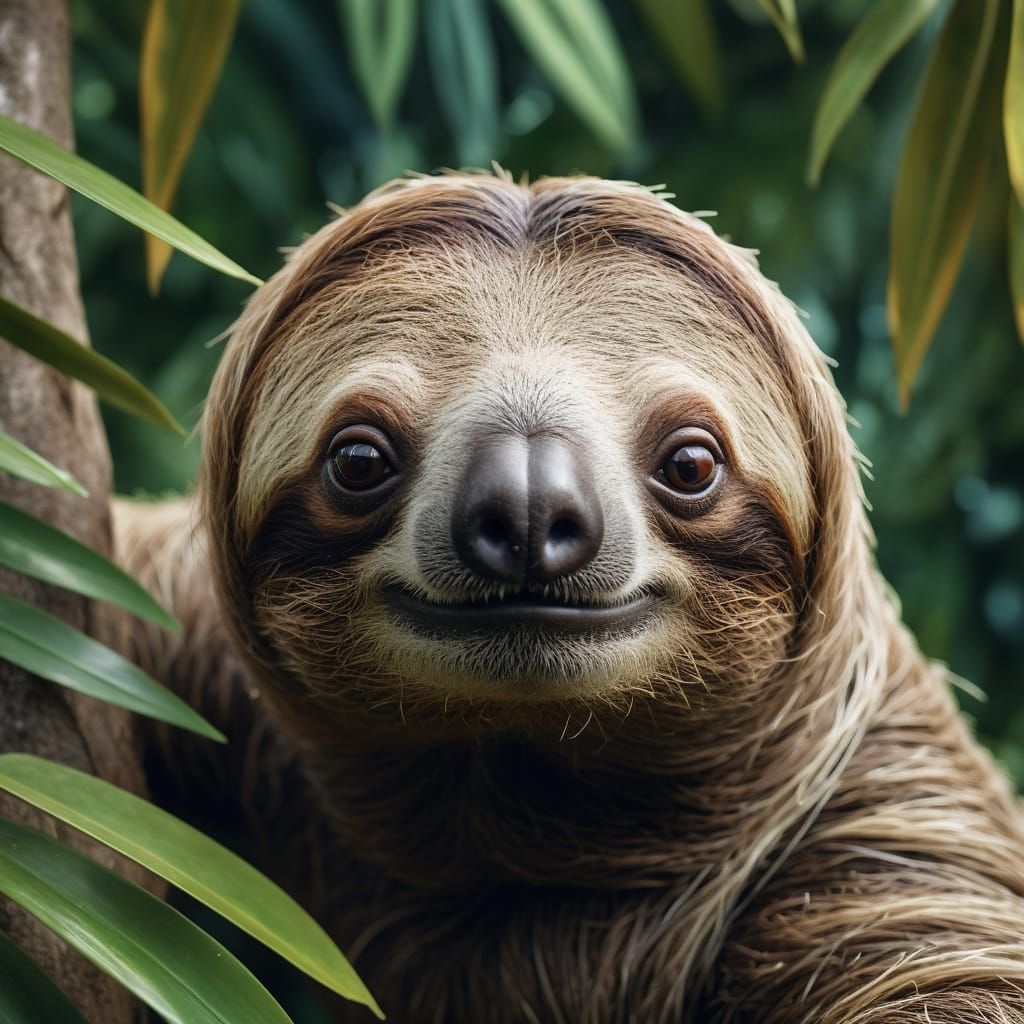 Hyperrealistic Sloth Face on Tropical Tree