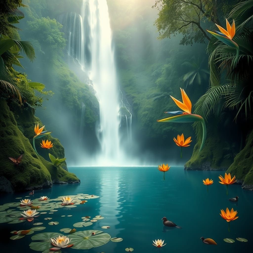 Majestic Waterfall in Romantic Landscape Style