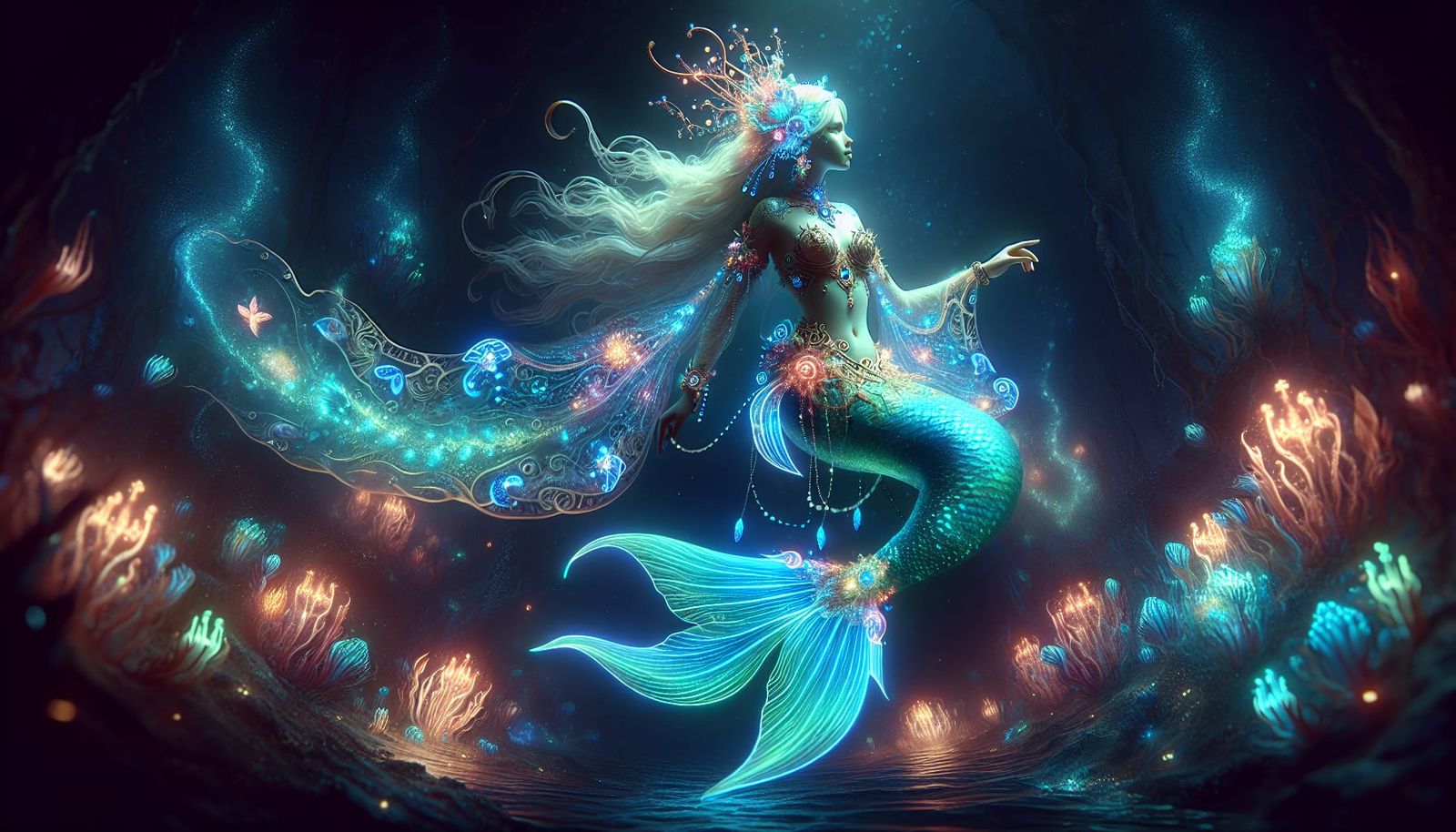 Bioluminescent Mermaid in Surreal Fantasy Landscape