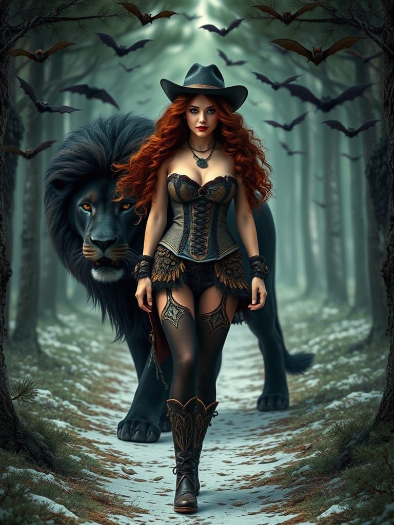 Vampirella and Black Lion in Snowy Forest