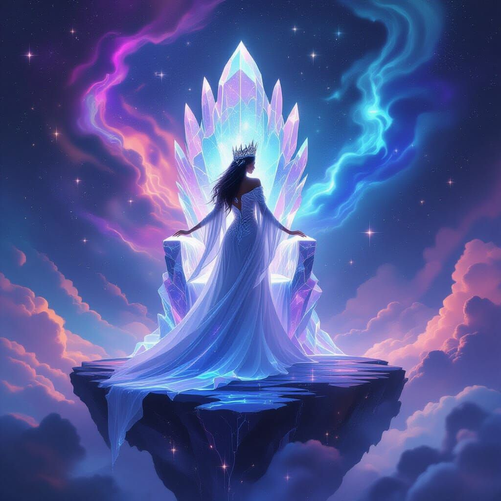 Ethereal Queen on Crystal Throne in Cosmic Nebula