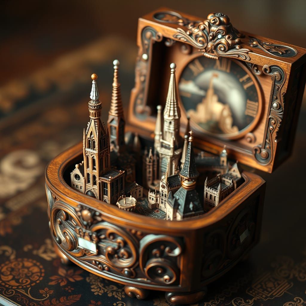 Miniature City in Ornate Music Box